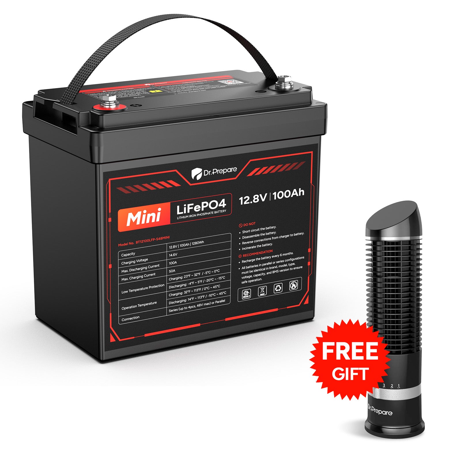 Dr.Prepare Mini 12V 100Ah LiFePO4 Lithium Battery – 10-Year Warranty