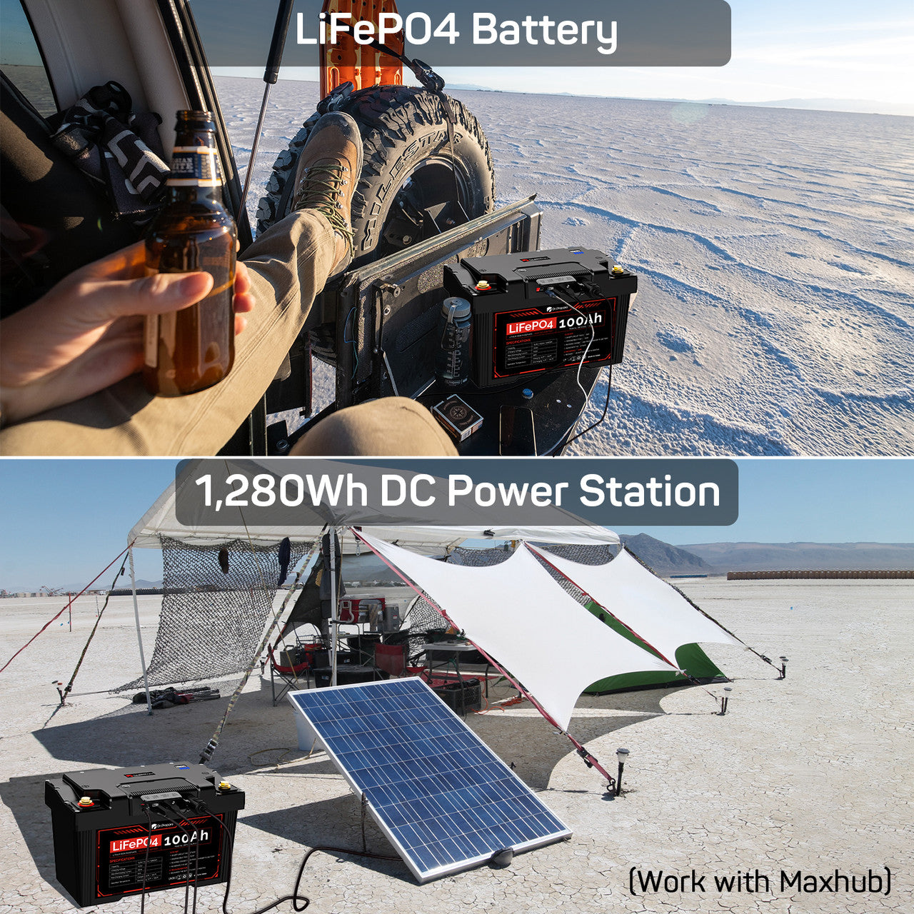 Dr. Prepare PowerMax is a combination of a 12V 100Ah LiFePO4 battery and a solar generator, supplying power during your RV travel, outdoor camping, and it can be also used as the emergency power and home backup battery.
