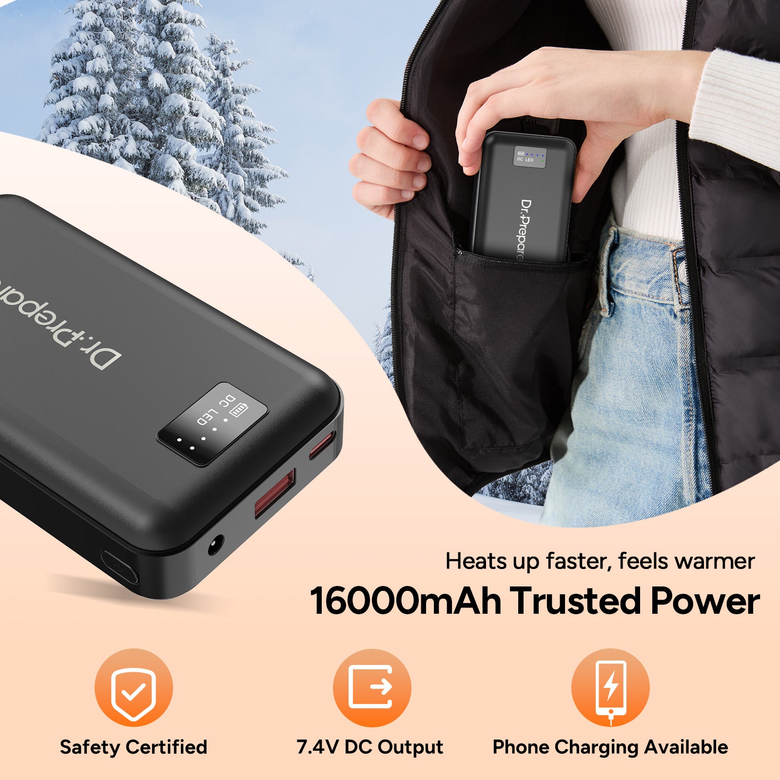 Electric Unisex Hooded Heated Vest with 7.4V 16000mAh Battery Pack