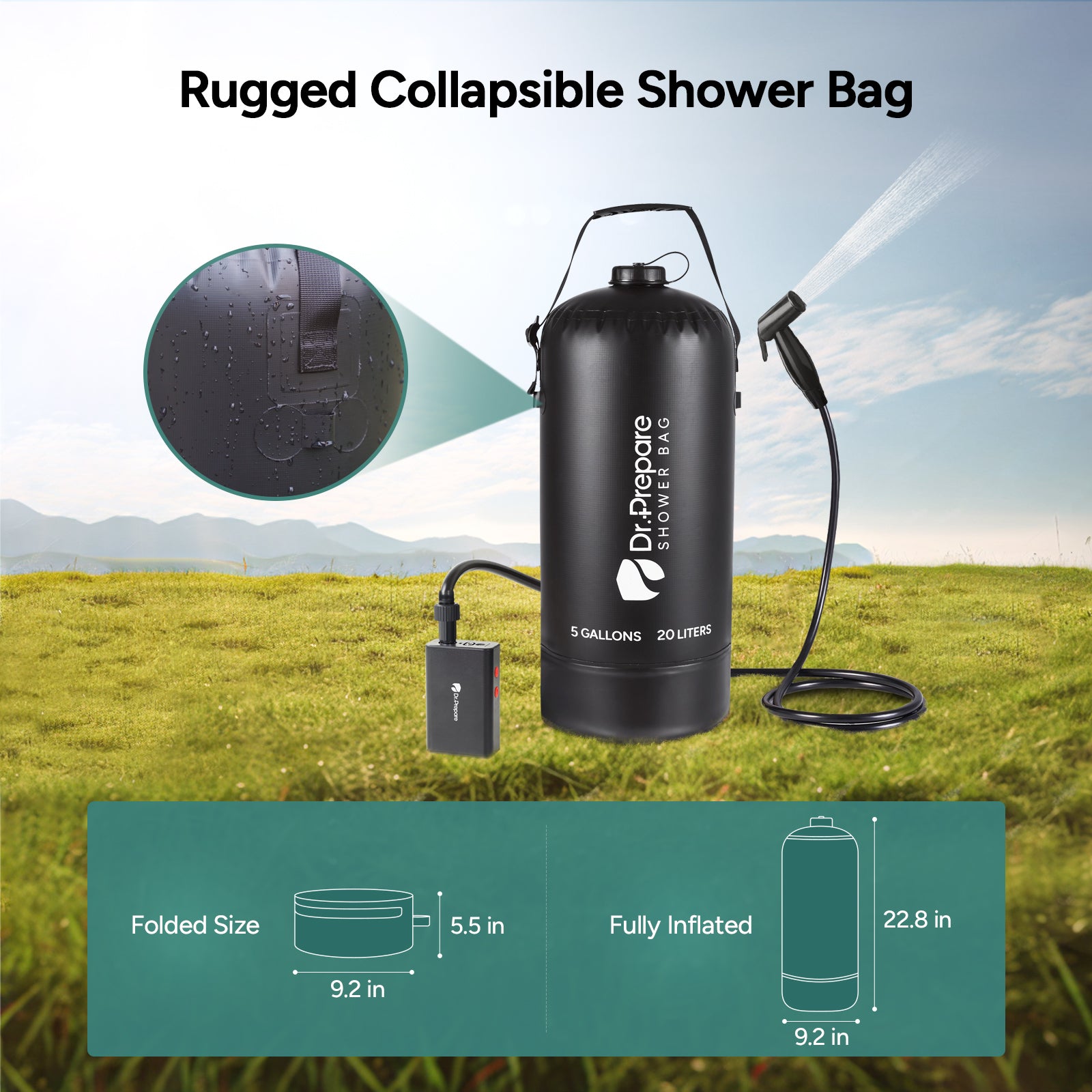 20L Camping Shower Bag with Rechargeable Electric Pump (5 Gallons)