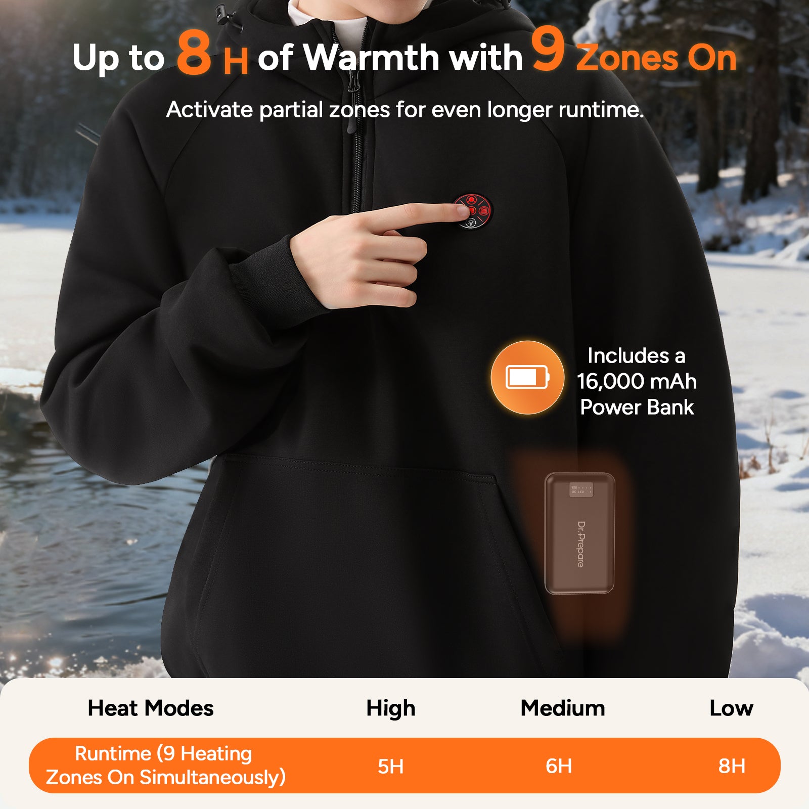 2025 New Unisex Heated Hoodie with 16000mAh Power Bank - Black