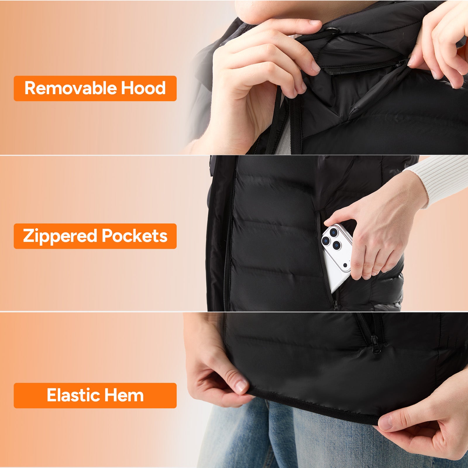 Electric Unisex Hooded Heated Vest with 7.4V 16000mAh Battery Pack