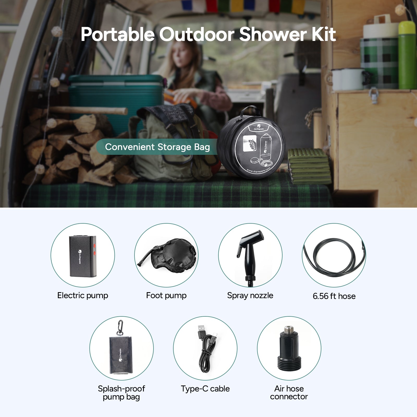 20L Camping Shower Bag with Rechargeable Electric Pump (5 Gallons)
