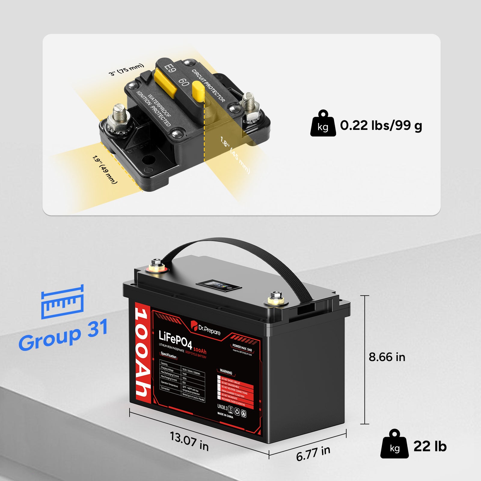 12V 100Ah LiFePO4 Battery and 60 Amp Circuit Breaker Kit