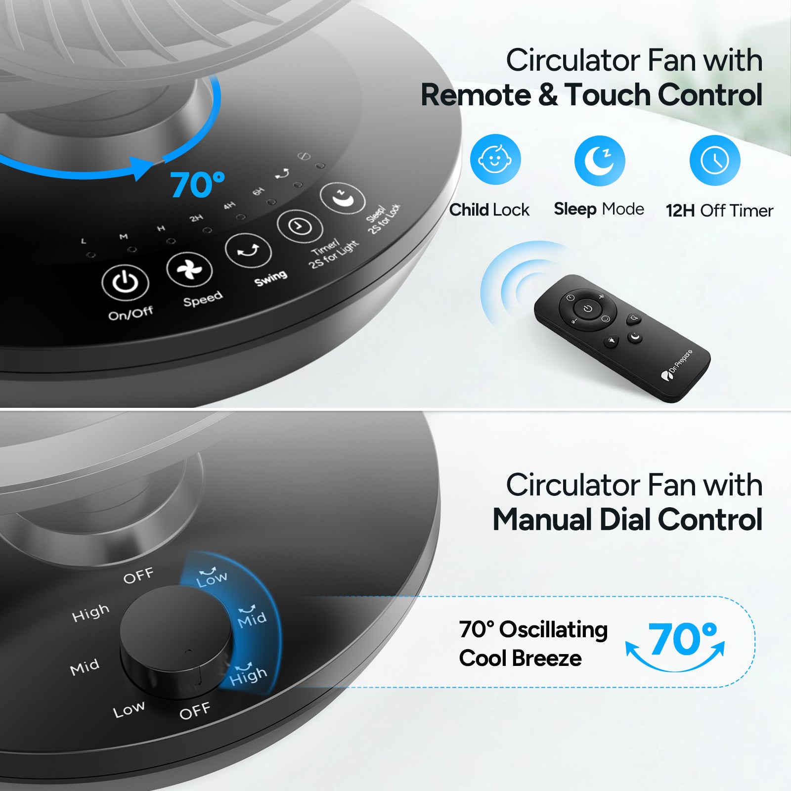 Dr.Prepare 11.8-inch Oscillating Air Circulator Fan with Remote