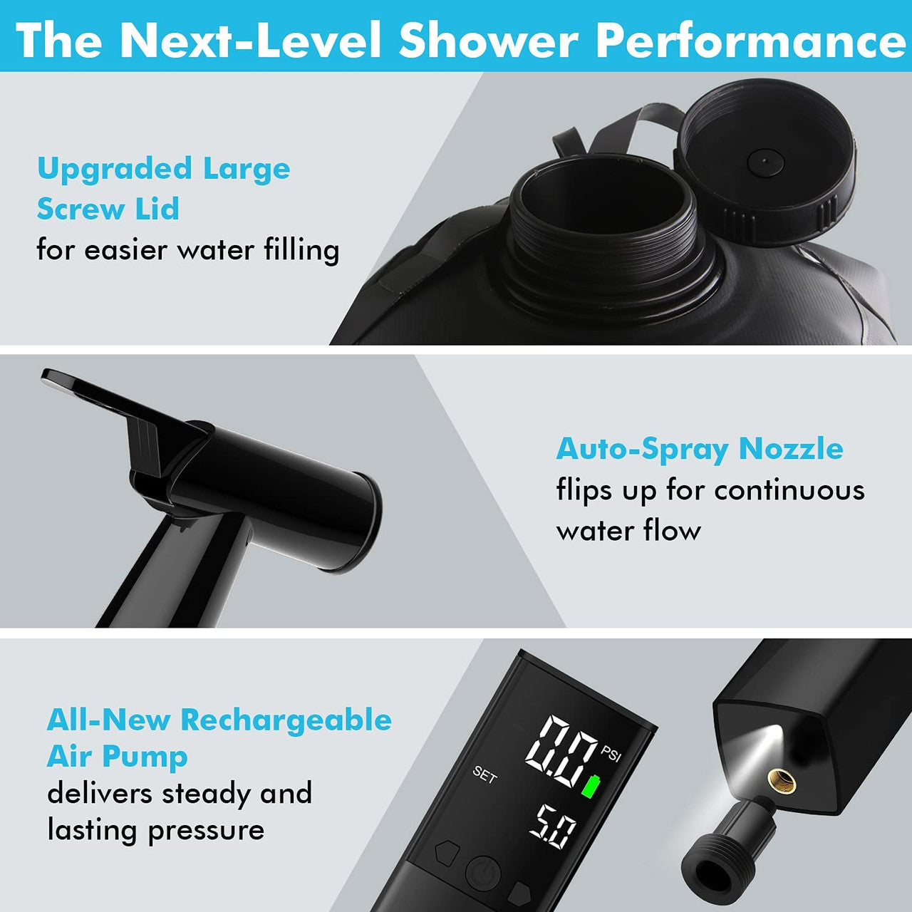 4 Gallon Portable Camping Shower with Rechargeable Air Pump