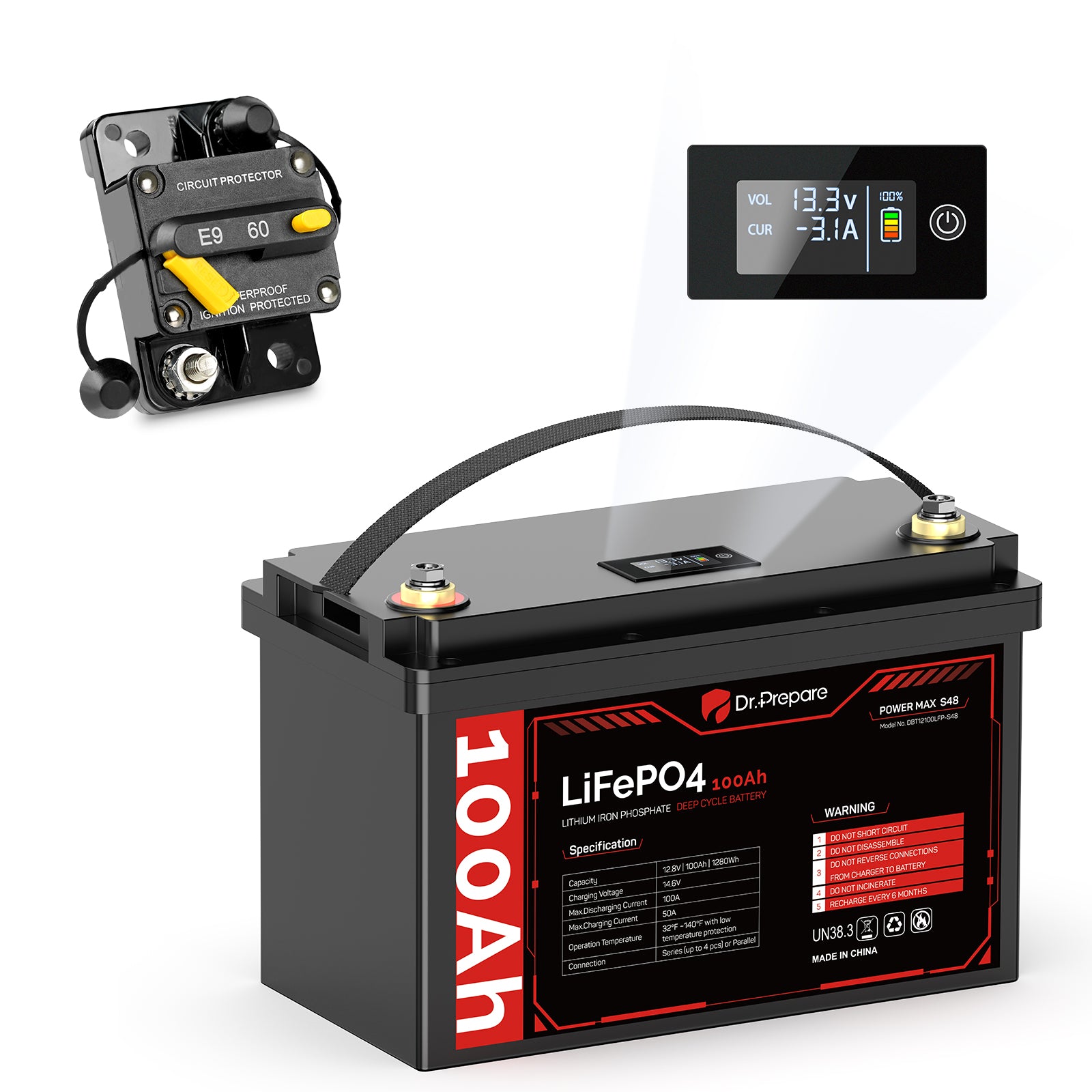12V 100Ah LiFePO4 Battery and 60 Amp Circuit Breaker Kit