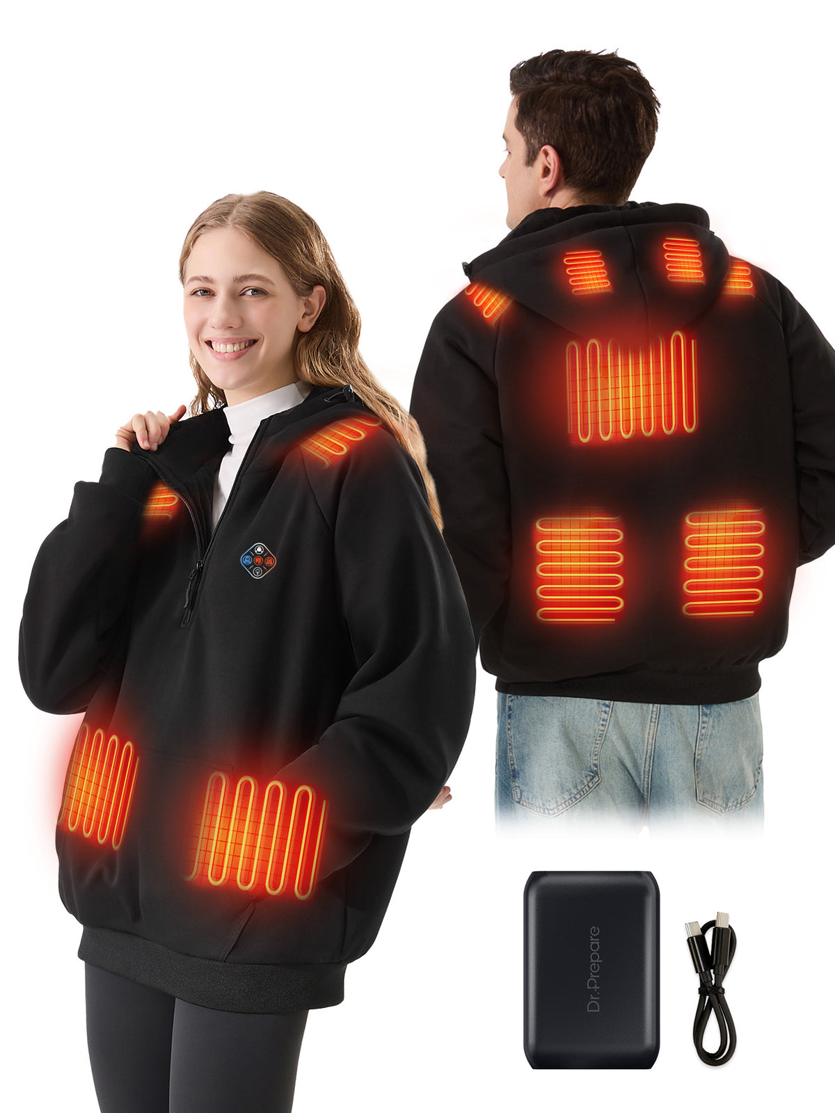 2026 New Upgrade Unisex Heated Hoodie with 16000mAh Power Bank - Black S-2XL