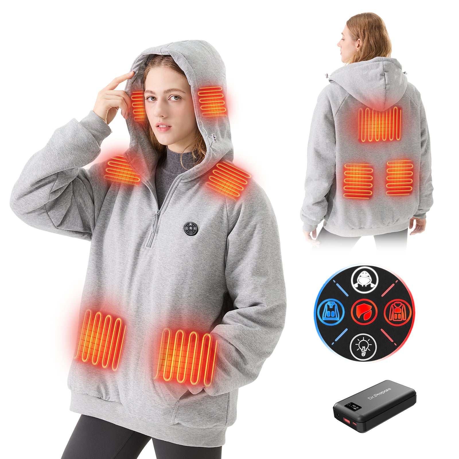 Unisex Heated Hoodie with 16000mAh Power Bank - Gray