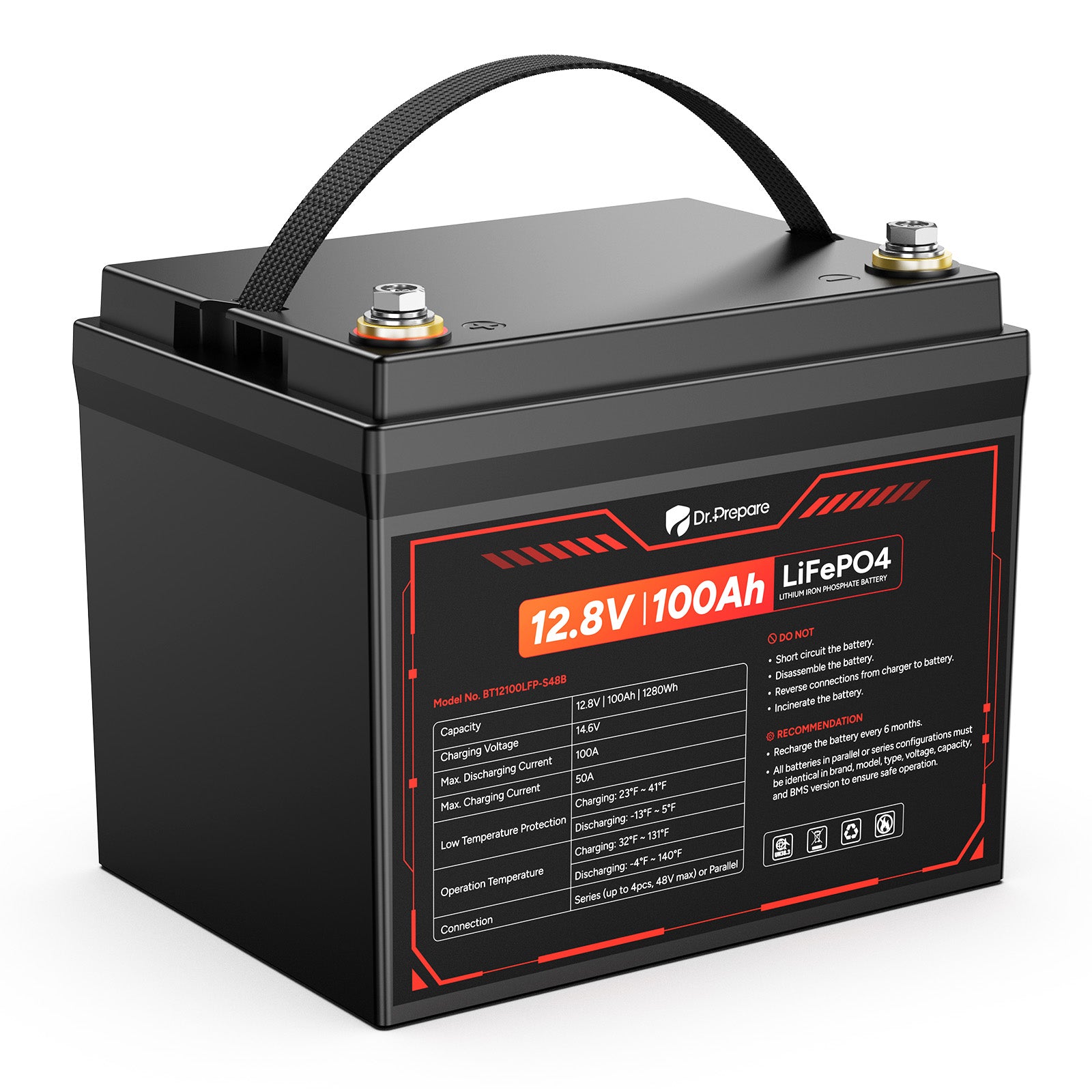 【Back Order 5/20】Dr. Prepare Compact 12V 100Ah LiFePO4 Lithium Battery - 3-Year Warranty