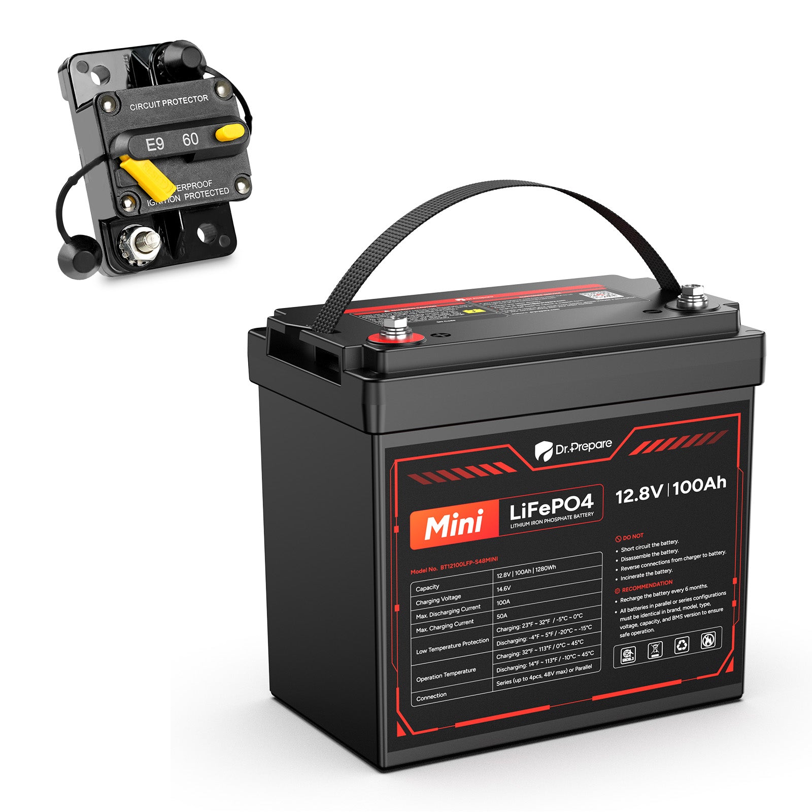 Mini 12V 100Ah LiFePO4 Battery and 60 Amp Circuit Breaker Bundle