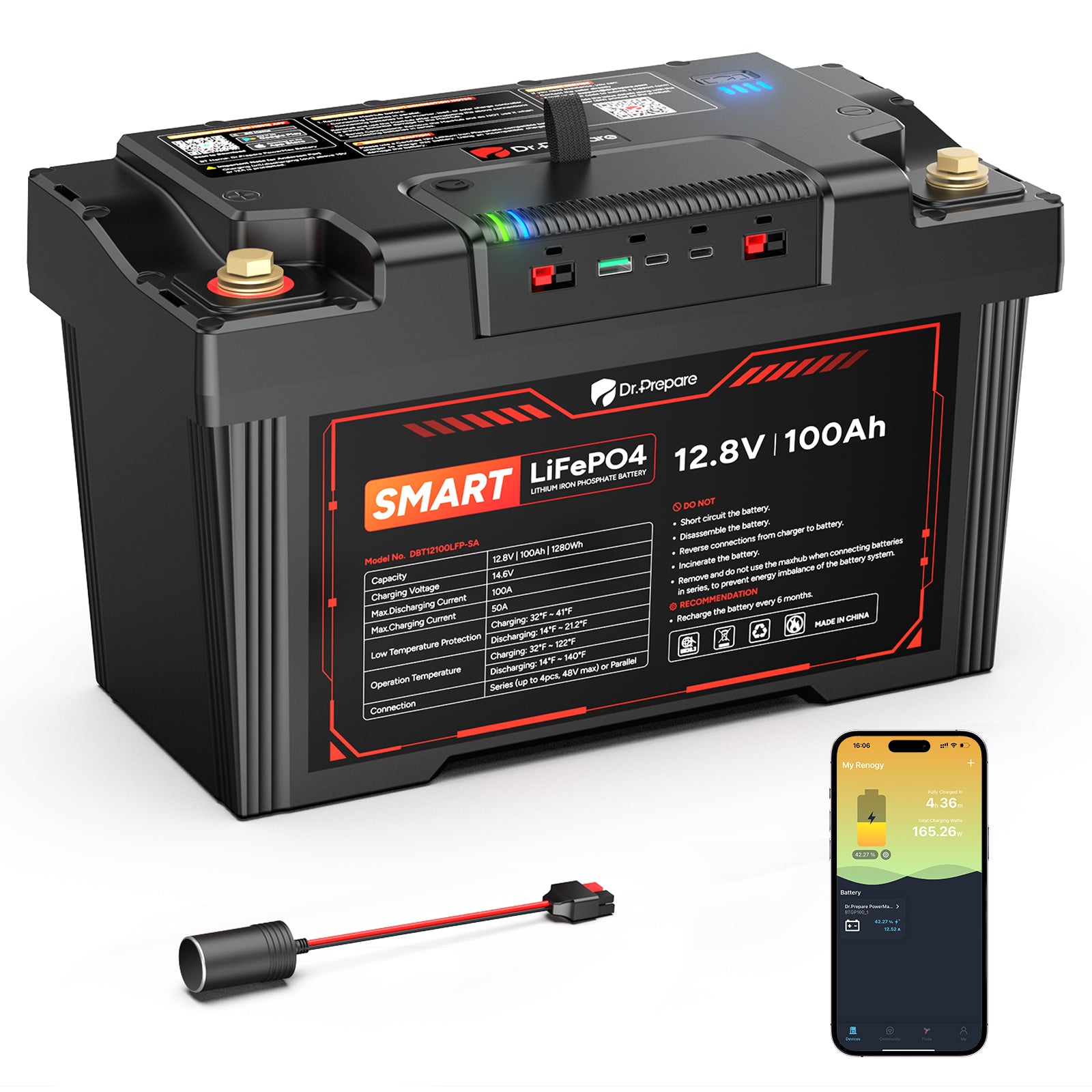 Dr.Prepare PowerMax 12V 100Ah LiFePO4 Battery / 1280Wh DC Portable