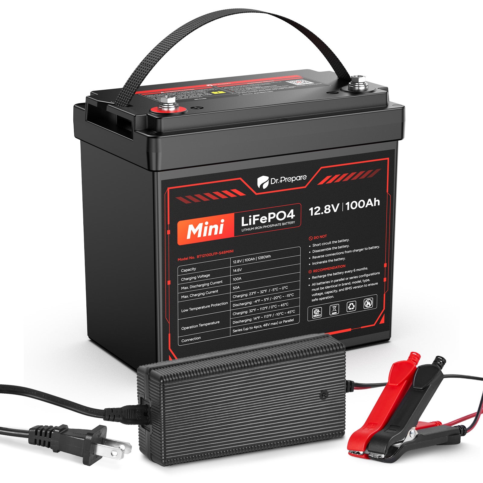 Mini 12V 100Ah LiFePO4 Battery and 14.6V 10A AC-DC Charger Bundle