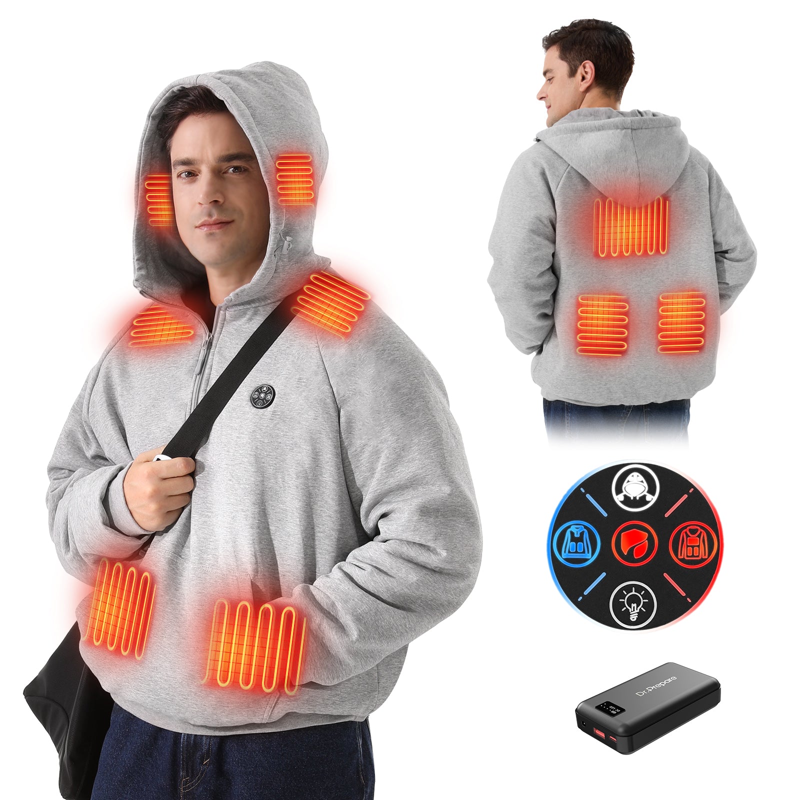 Unisex Heated Hoodie with 16000mAh Power Bank - Gray