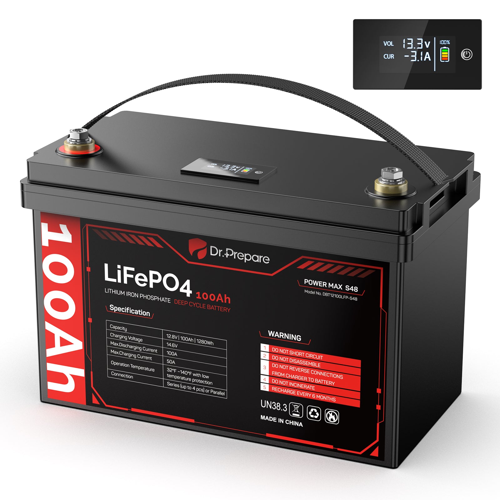 Multiple Packs 12V 100Ah LiFePO4 Lithium Battery with LED Screen - Connect In Series [10-Year Warranty]