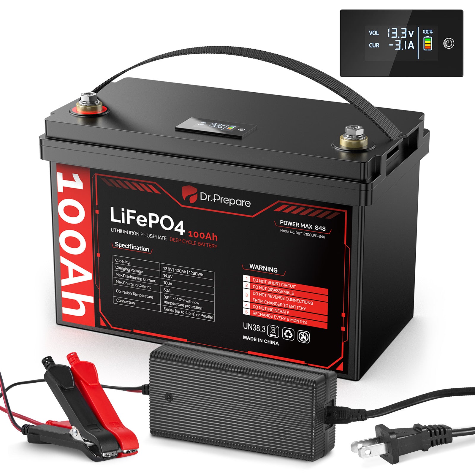 Multiple Packs 12V 100Ah LiFePO4 Lithium Battery with LED Screen - Connect In Series [10-Year Warranty]