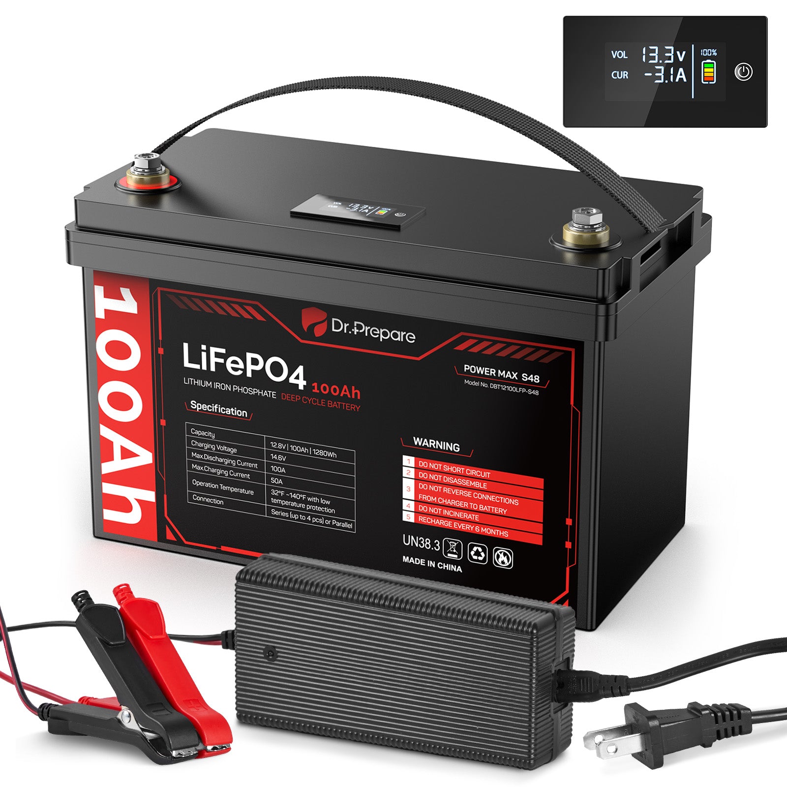 Multiple Packs 12V 100Ah LiFePO4 Lithium Battery with LED Screen - Connect In Series [10-Year Warranty]