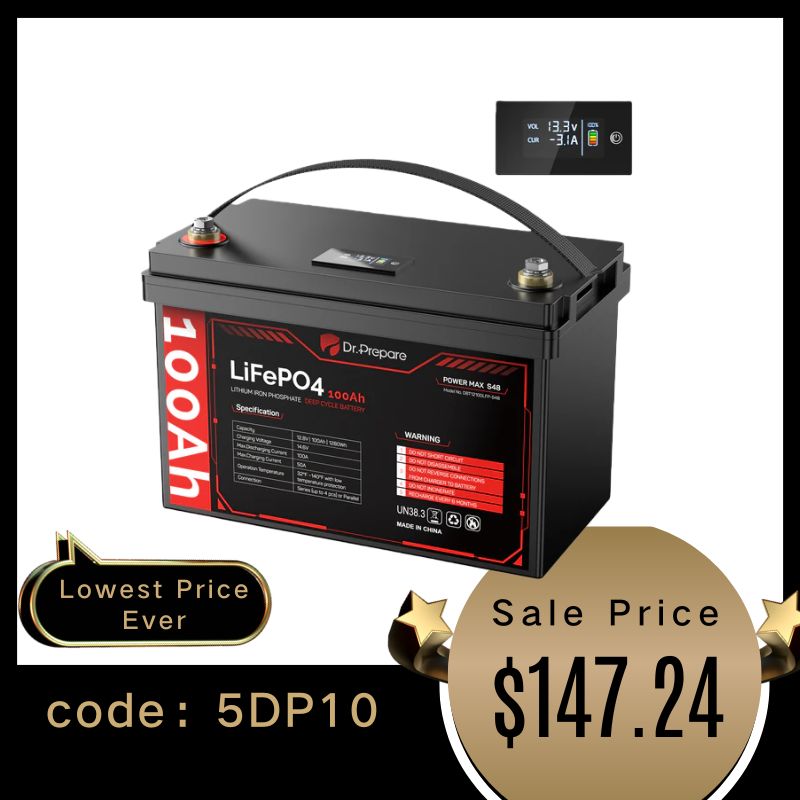 12V 100Ah LiFePO4 Lithium Battery with LED Screen - Connect In Series [10-Year Warranty]