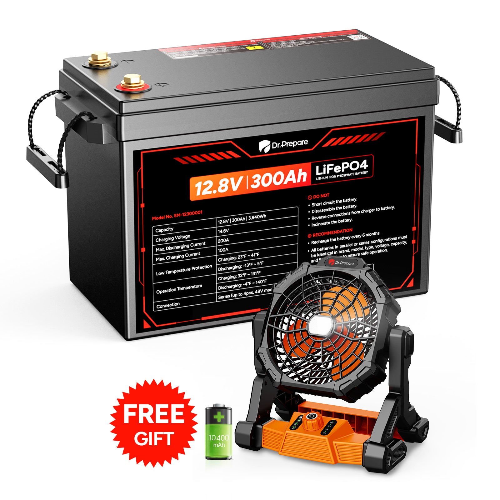 Dr.Prepare 12V 300Ah LiFePO4 Lithium Battery - Compact Size (10 Year Warranty)