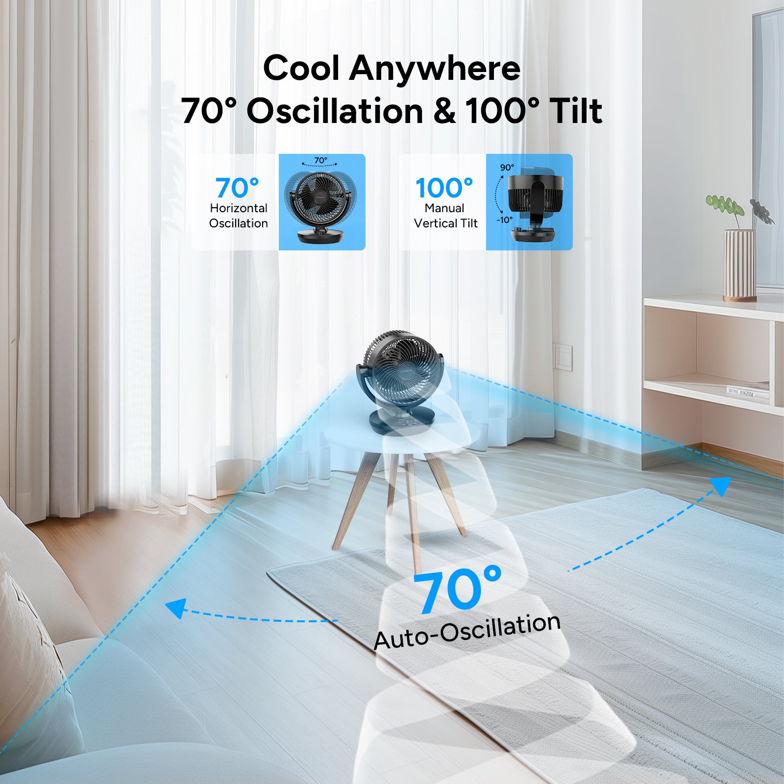 DR.PREPARE Oscillating Air Circulator Fan for Bedroom, 11.3” Height Powerful Table Fan, 70° Auto-Oscillating, 100° Adjustable Tilt, 3 Speeds, Efficient Cooling & Circulation for Home, Kitchen, Office