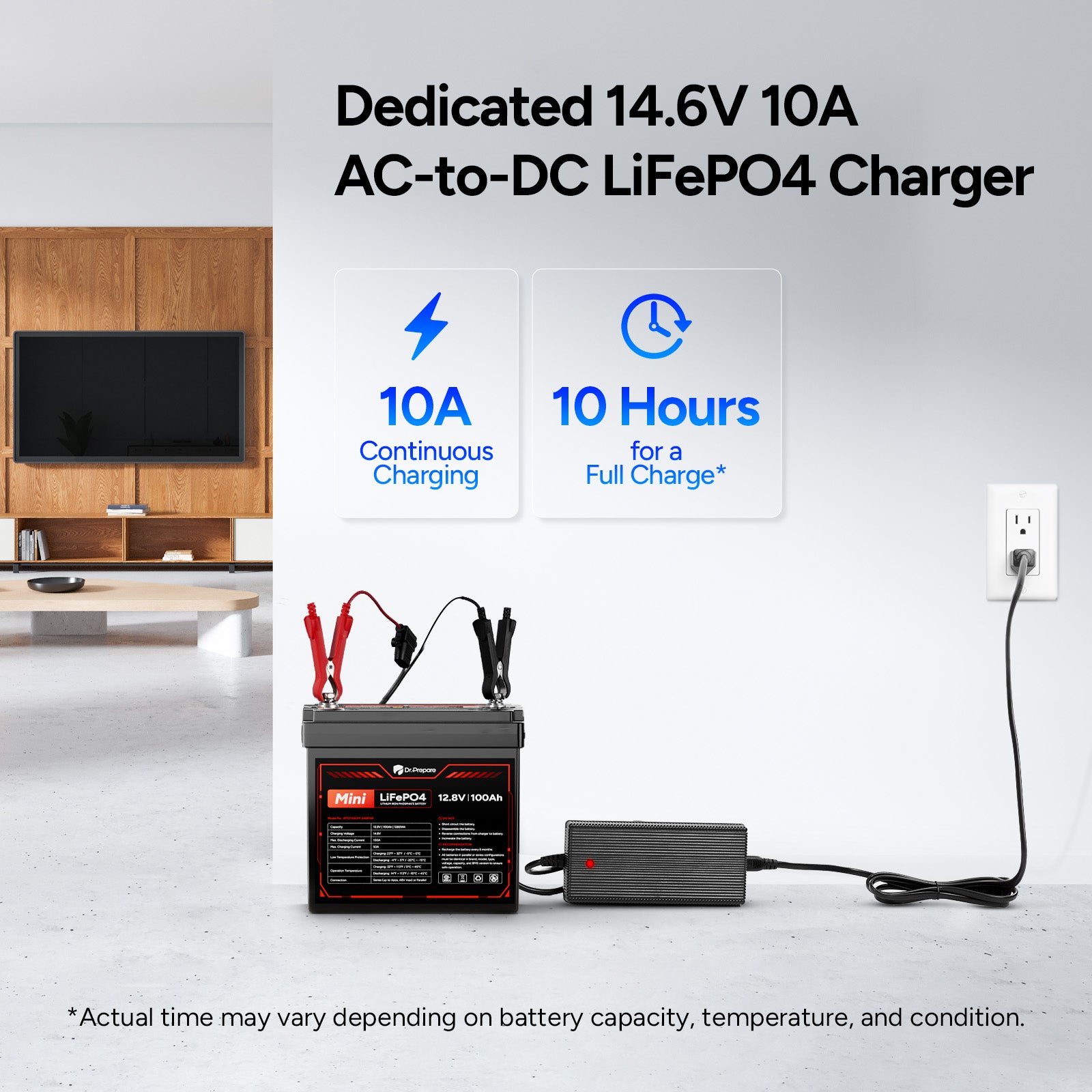 Mini 12V 100Ah LiFePO4 Battery and 14.6V 10A AC-DC Charger Bundle