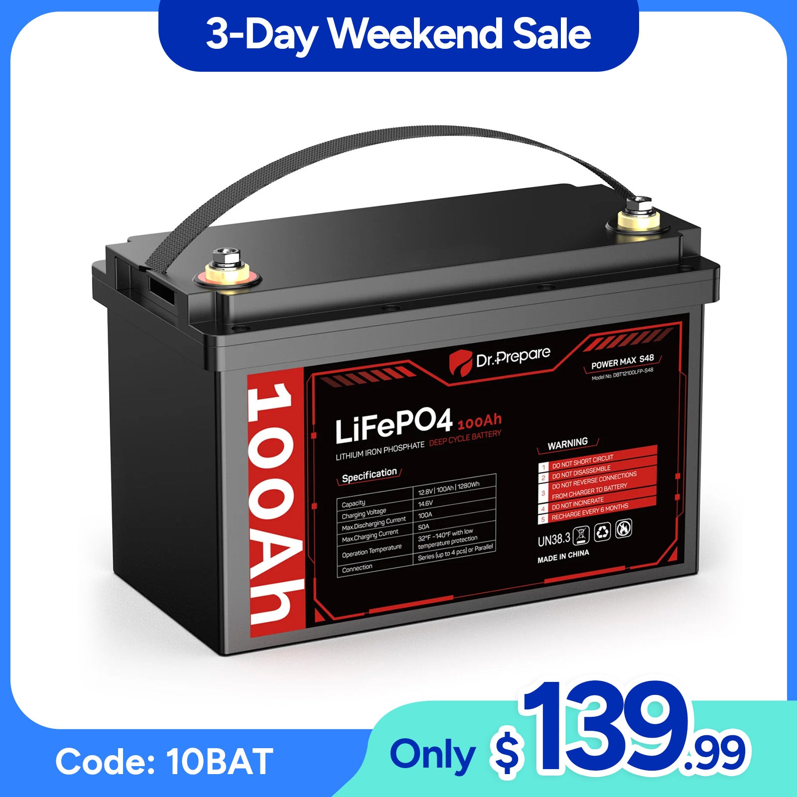12V 100Ah LiFePO4 Lithium Battery - Connect In Series [10-Year Warranty]