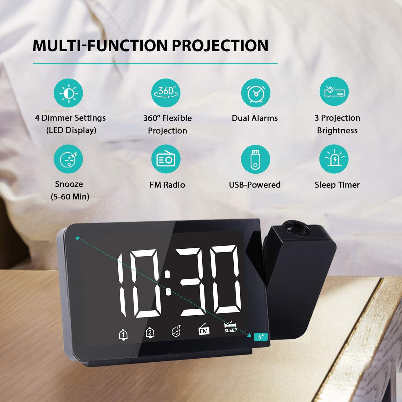 5" Projection Alarm Clock with FM Radio