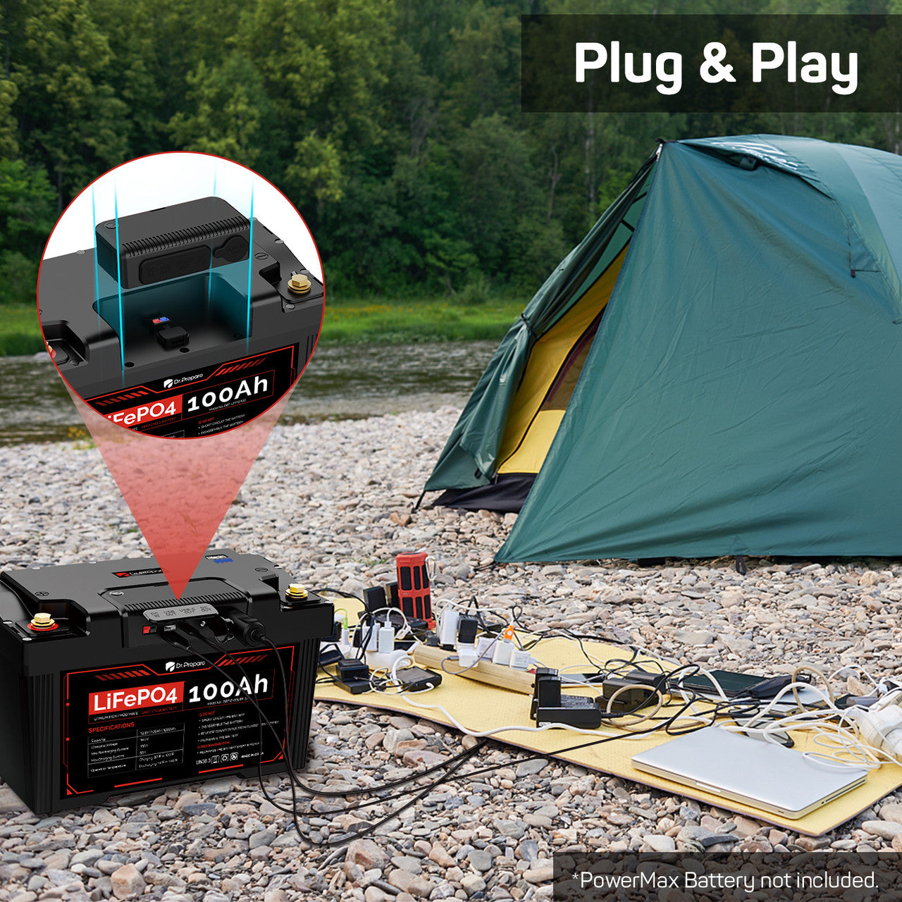 Dr. Prepare PowerMax is a combination of a 12V 100Ah LiFePO4 battery and a solar generator, supplying power during your RV travel, outdoor camping, and it can be also used as the emergency power and home backup battery.