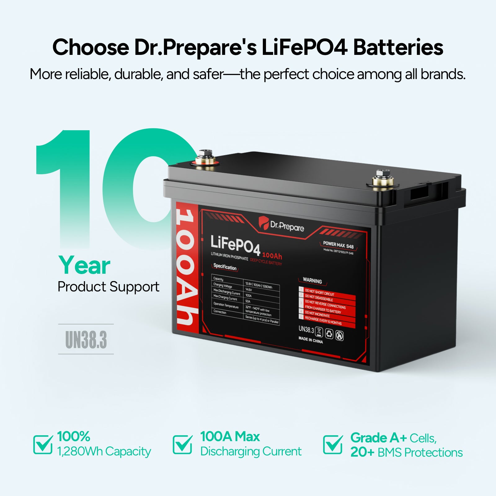 Multiple Packs 12V 100Ah LiFePO4 Lithium Battery - Connect In Series [10-Year Warranty]