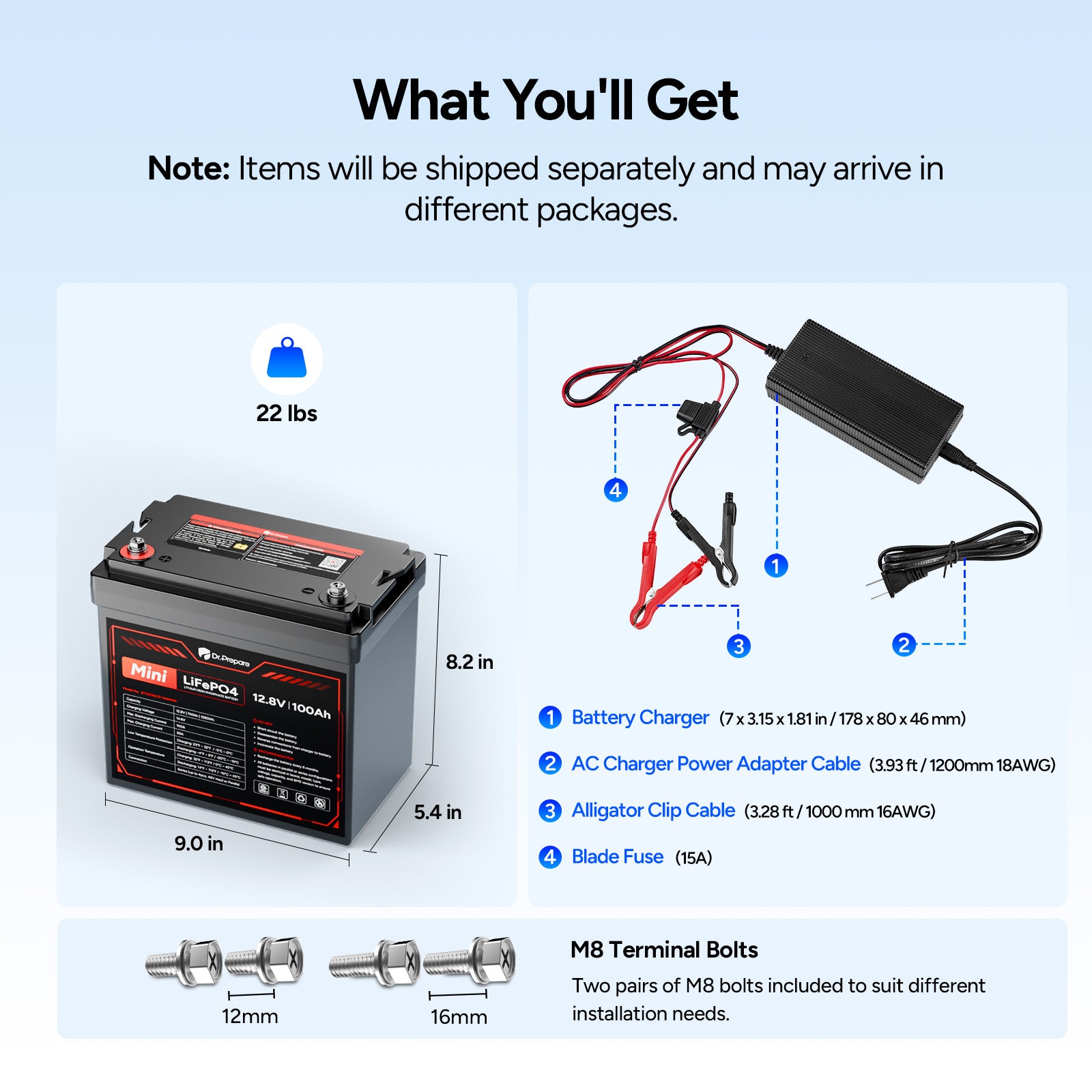 Mini 12V 100Ah LiFePO4 Battery and 14.6V 10A AC-DC Charger Bundle