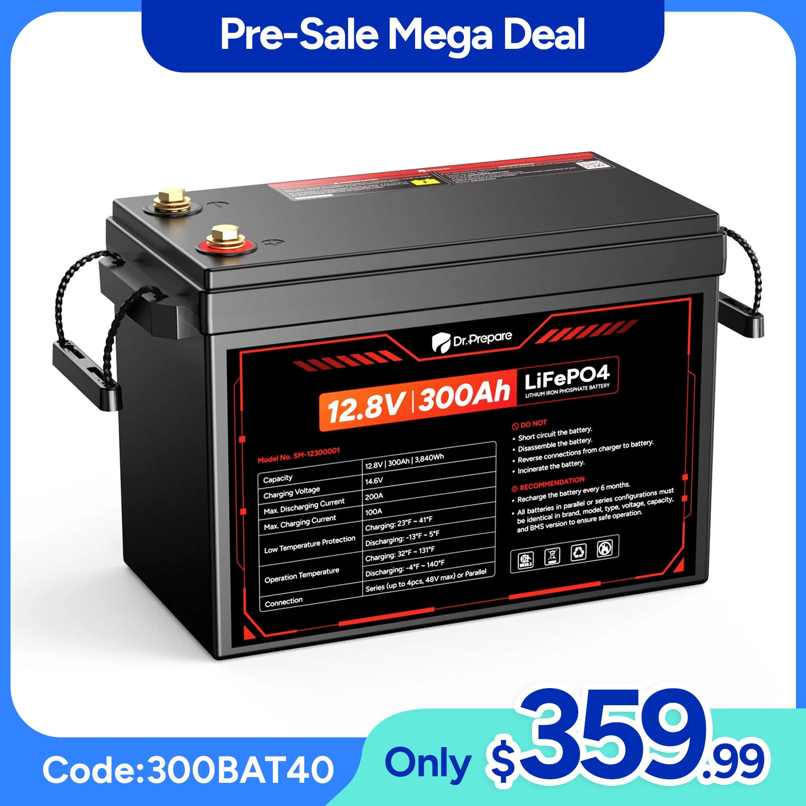 (Back Order 10/26) 12V 300Ah LiFePO4 Lithium Battery  - Compact Size (10 Year Warranty)
