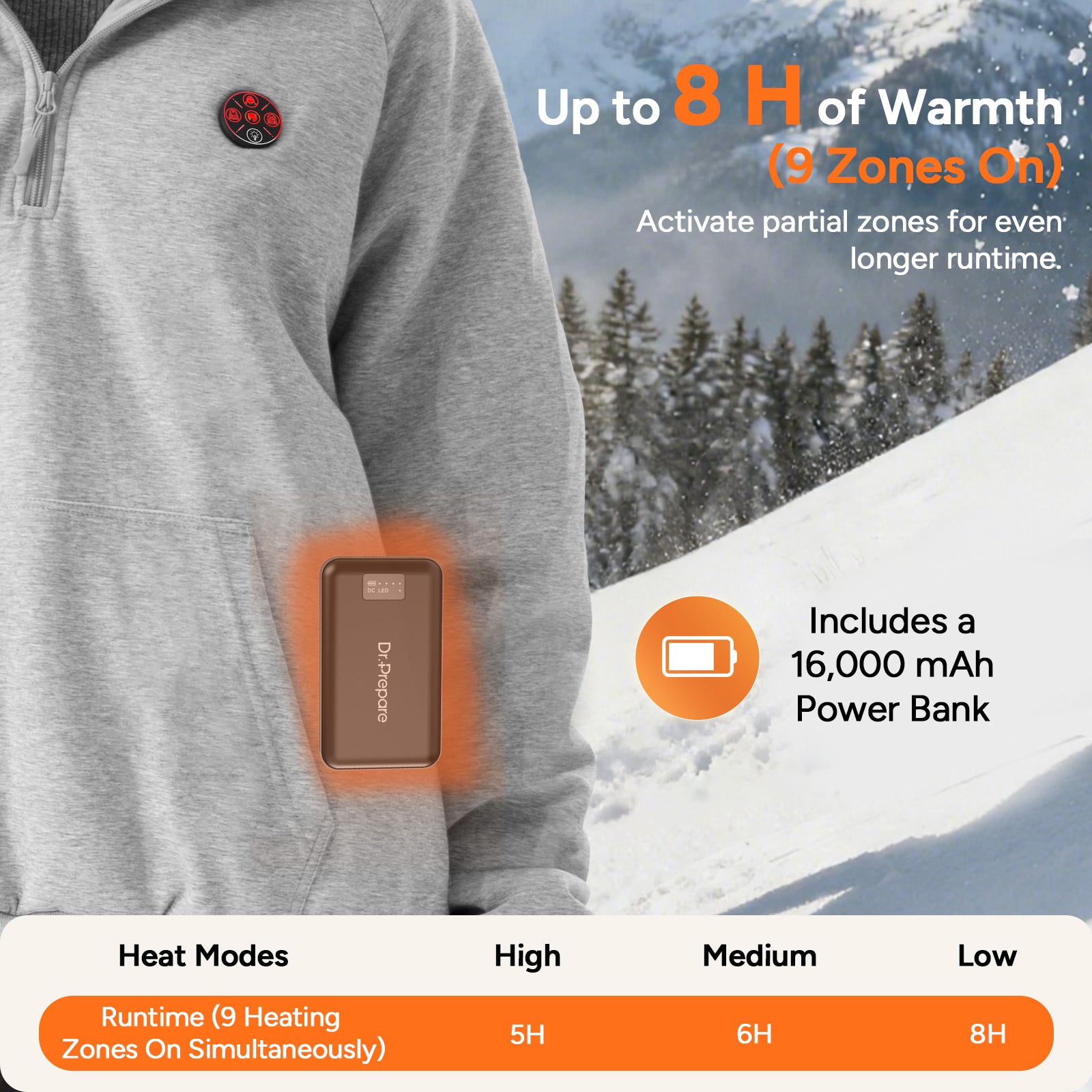 Unisex Heated Hoodie with 16000mAh Power Bank - Gray