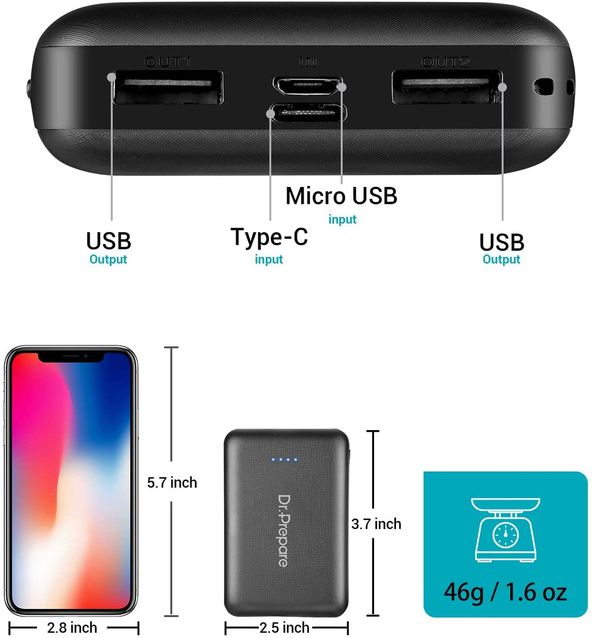 Dr. Prepare 10000mAh Portable Charger, 5V 3A Fast Charging Power Bank with USB C Input & Dual Output, Ultra-Compact External Battery Pack for iPhone, iPad, Heated Vest and Heated Jacket