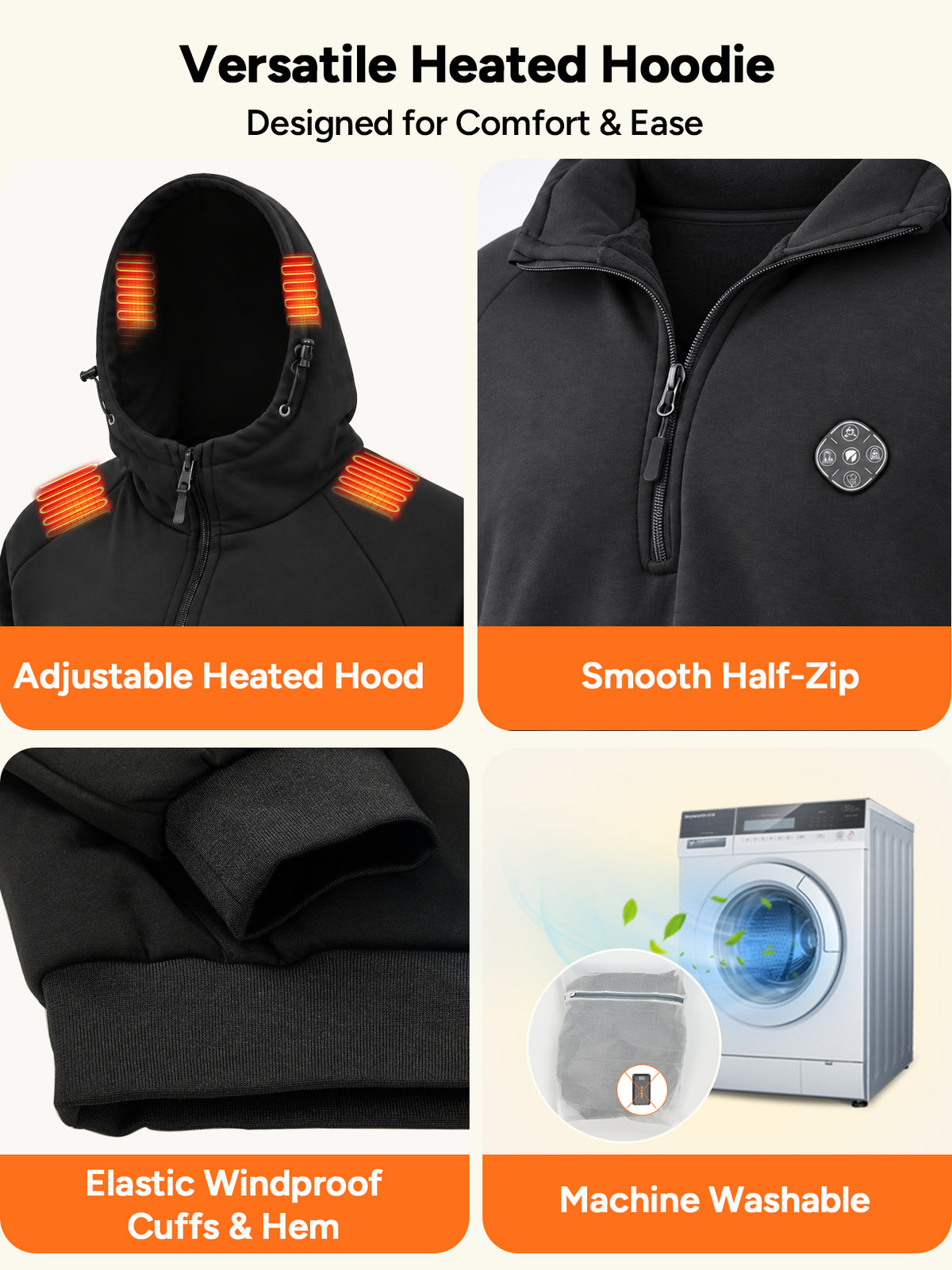 2026 New Upgrade Unisex Heated Hoodie with 16000mAh Power Bank - Black S-2XL
