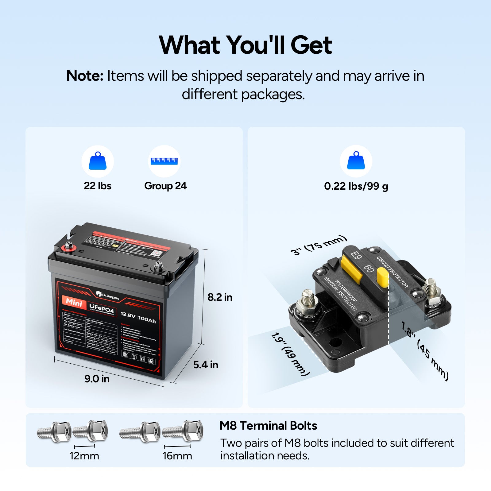 Mini 12V 100Ah LiFePO4 Battery and 60 Amp Circuit Breaker Bundle
