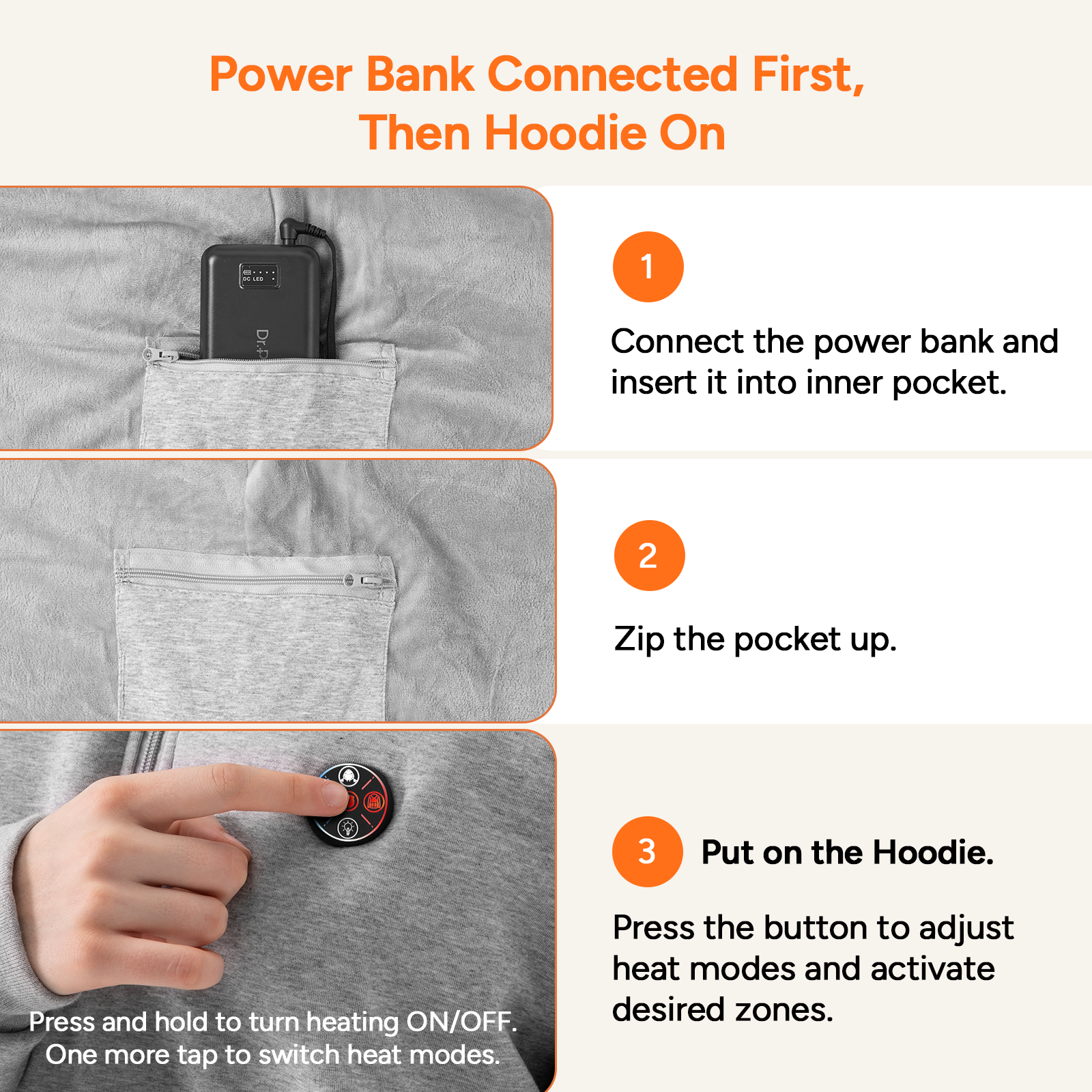 Unisex Heated Hoodie with 16000mAh Power Bank - Gray