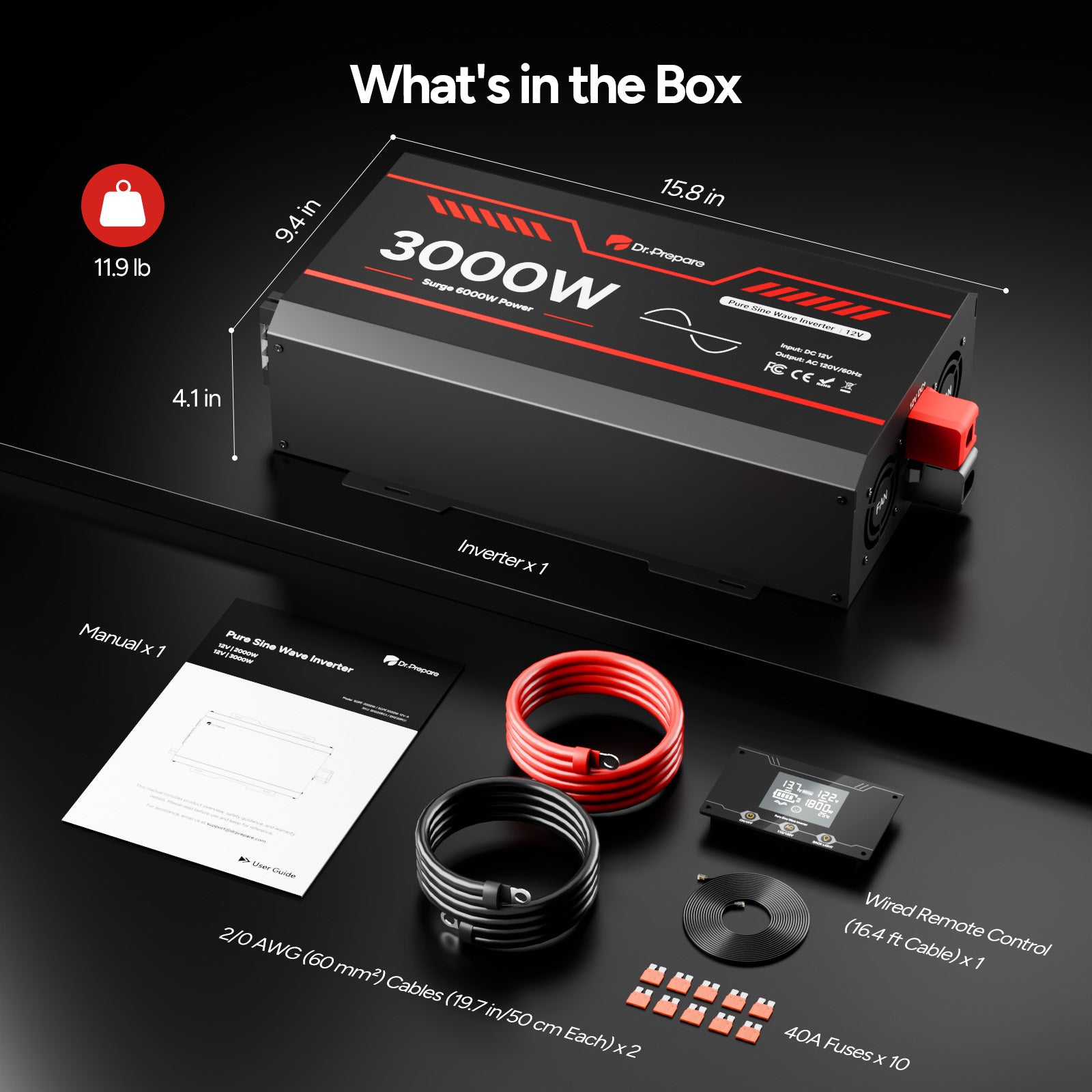 3000W 12V Pure Sine Wave Inverter with LCD Display and Wired Remote Control