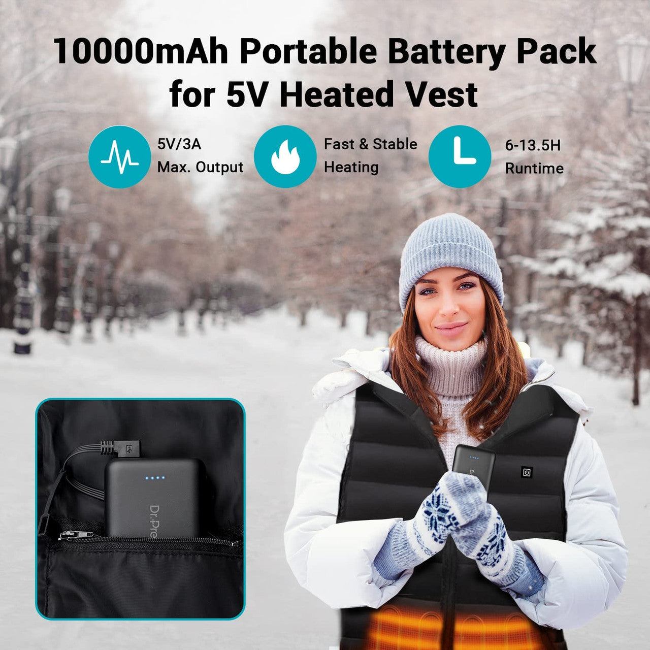 Dr. Prepare 10000mAh Portable Charger, 5V 3A Fast Charging Power Bank with USB C Input & Dual Output, Ultra-Compact External Battery Pack for iPhone, iPad, Heated Vest and Heated Jacket