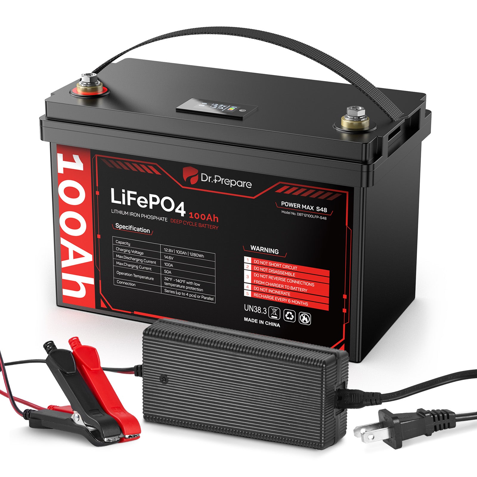 12V 100Ah LiFePO4 Battery with LED Display and 14.6V 10A AC-DC Charger Bundle