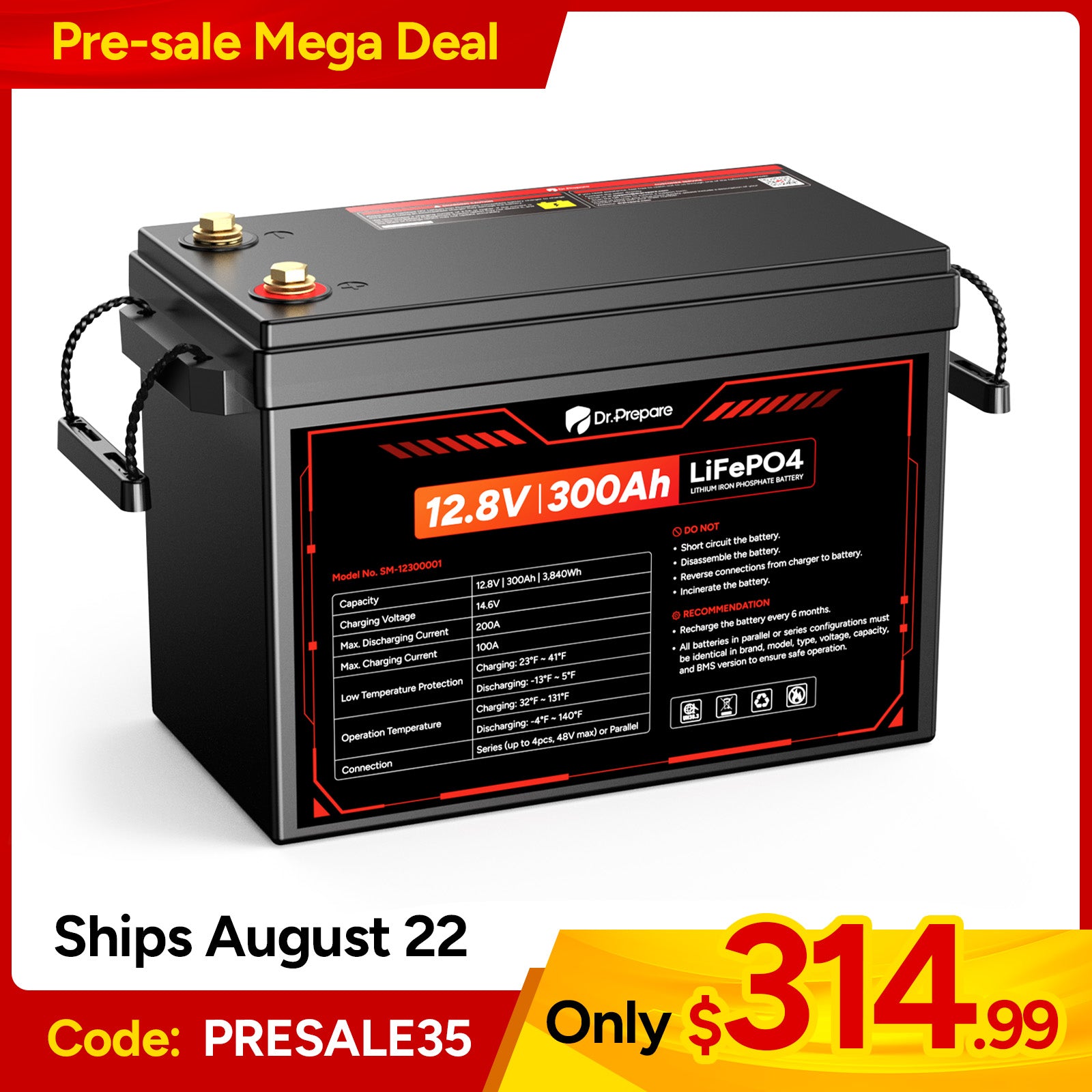 (Back Order August 22）12V 300Ah LiFePO4 Lithium Battery  - Compact Size (10 Year Warranty)