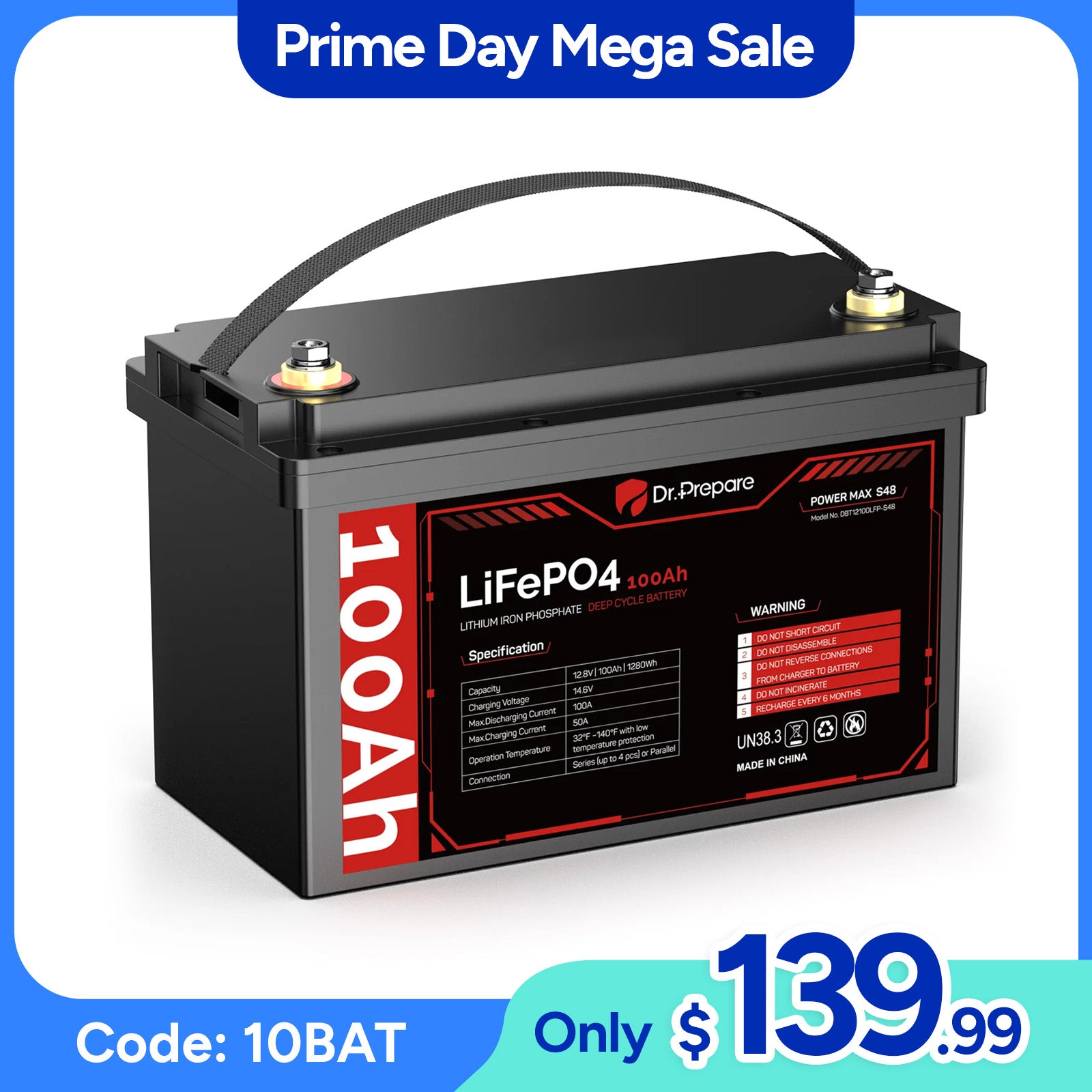 12V 100Ah LiFePO4 Lithium Battery - Connect In Series [10-Year Warranty]
