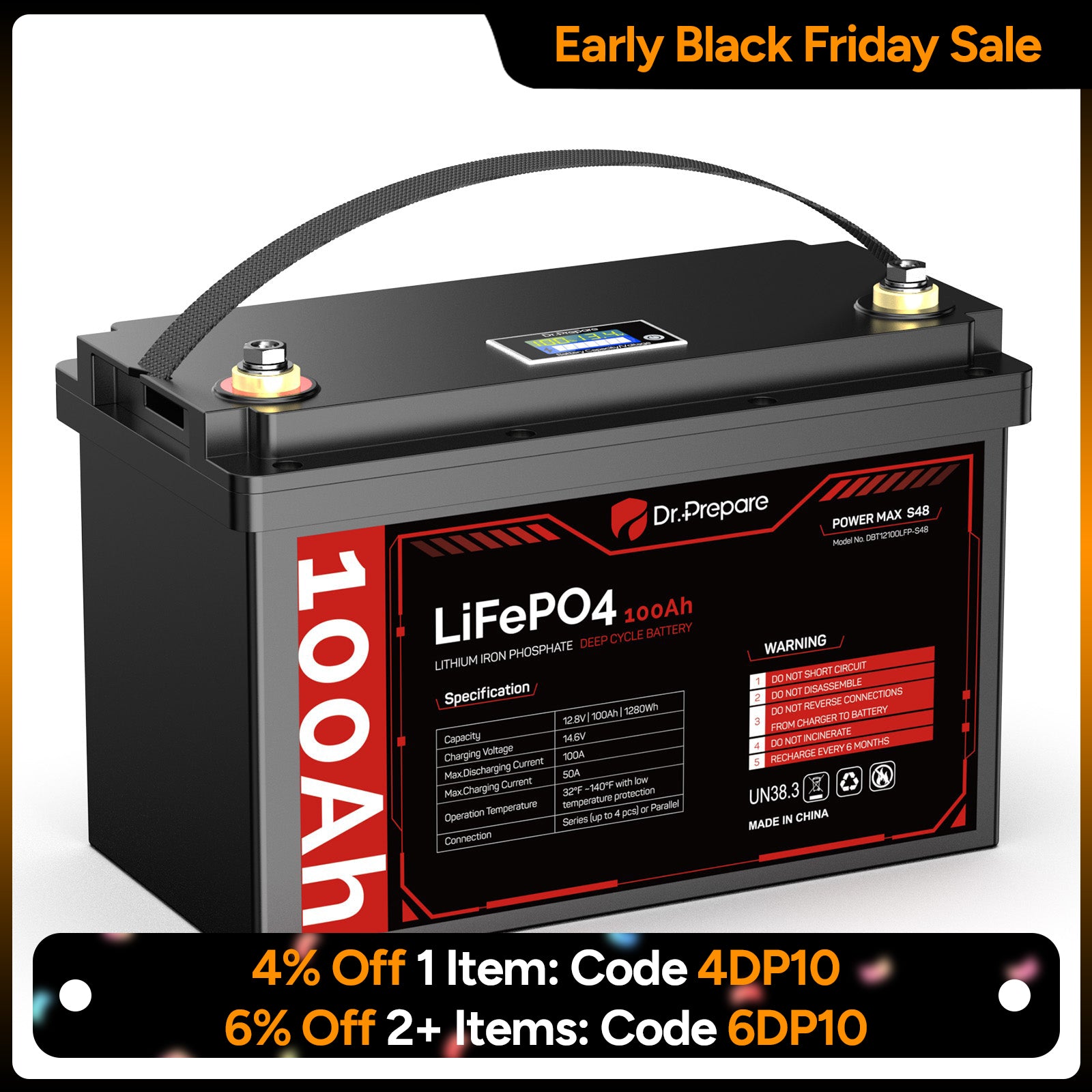 12V 100Ah LiFePO4 Lithium Battery with LED Screen - Connect In Series [10-Year Warranty]